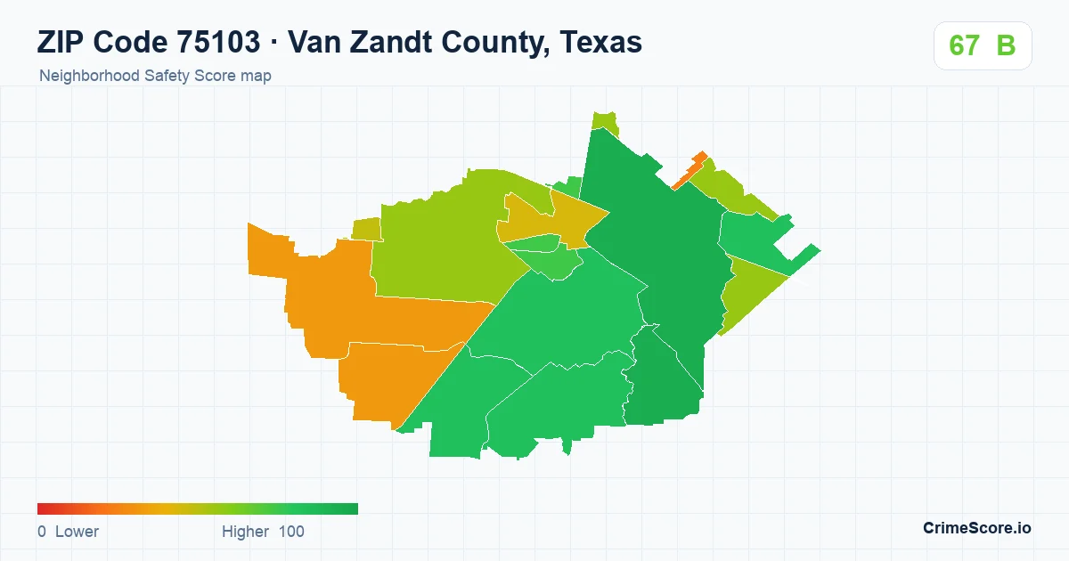 ZIP Code 75103 in Van Zandt County, Texas neighborhood Safety Score map