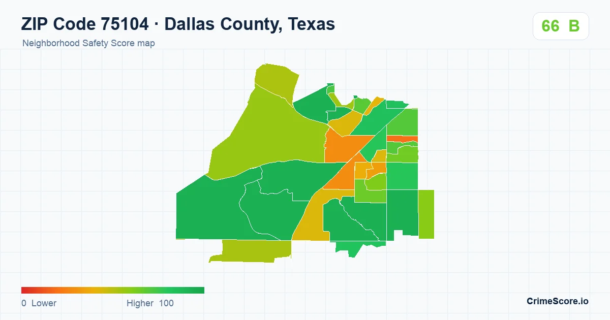 ZIP Code 75104 in Dallas County, Texas neighborhood Safety Score map