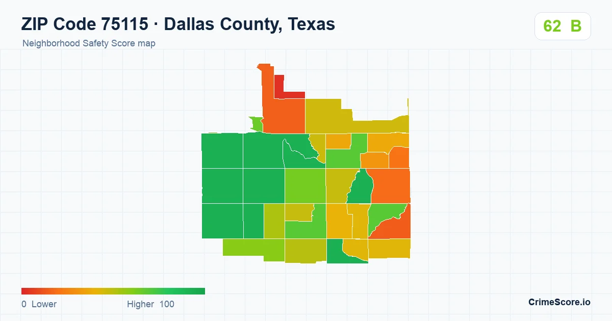 ZIP Code 75115 in Dallas County, Texas neighborhood Safety Score map