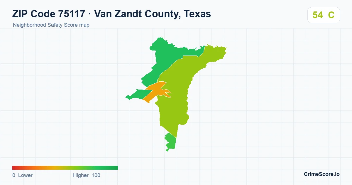 ZIP Code 75117 in Van Zandt County, Texas neighborhood Safety Score map