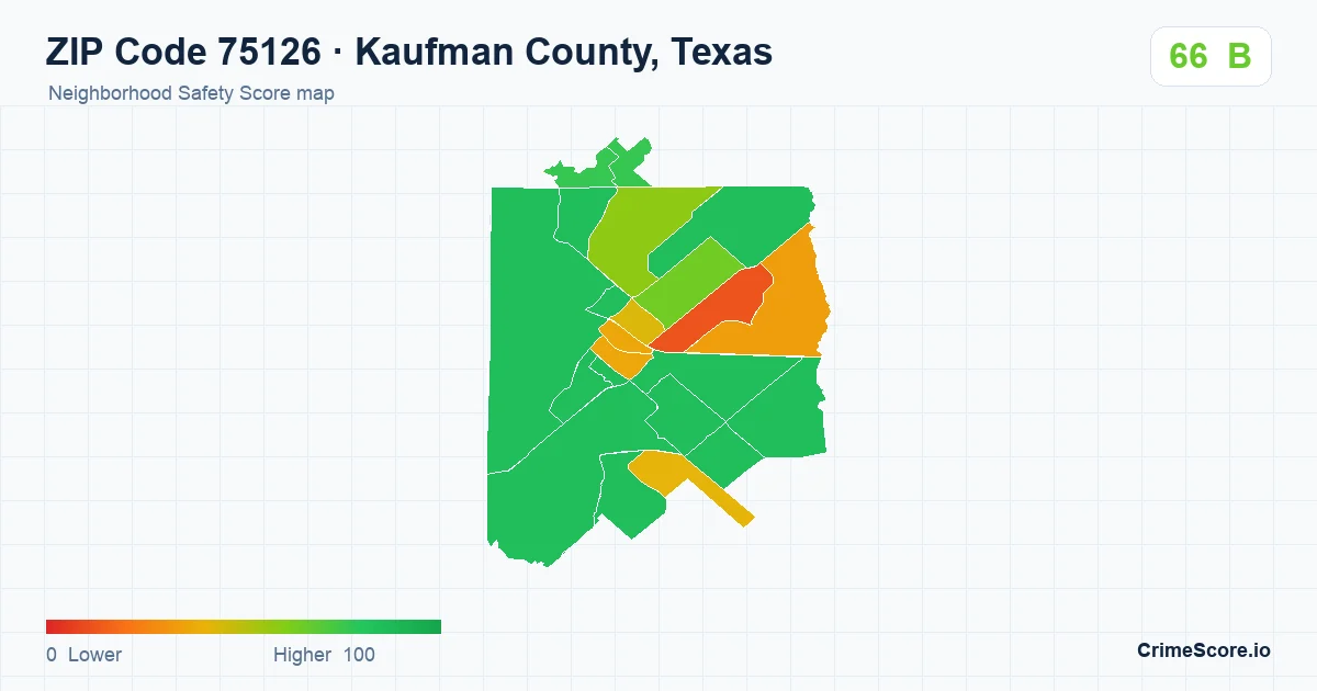 ZIP Code 75126 in Kaufman County, Texas neighborhood Safety Score map