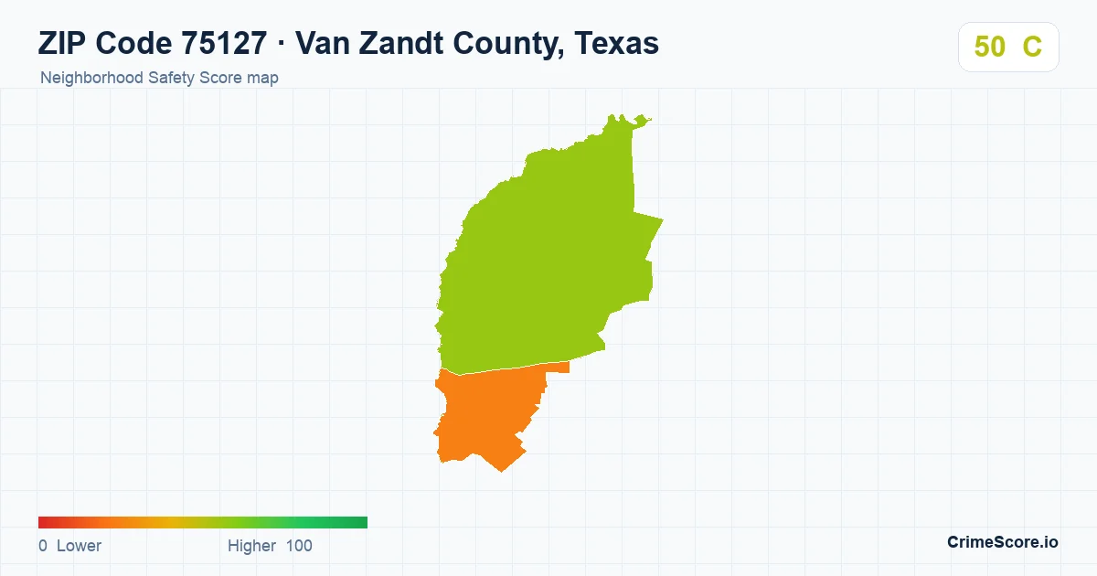 ZIP Code 75127 in Van Zandt County, Texas neighborhood Safety Score map