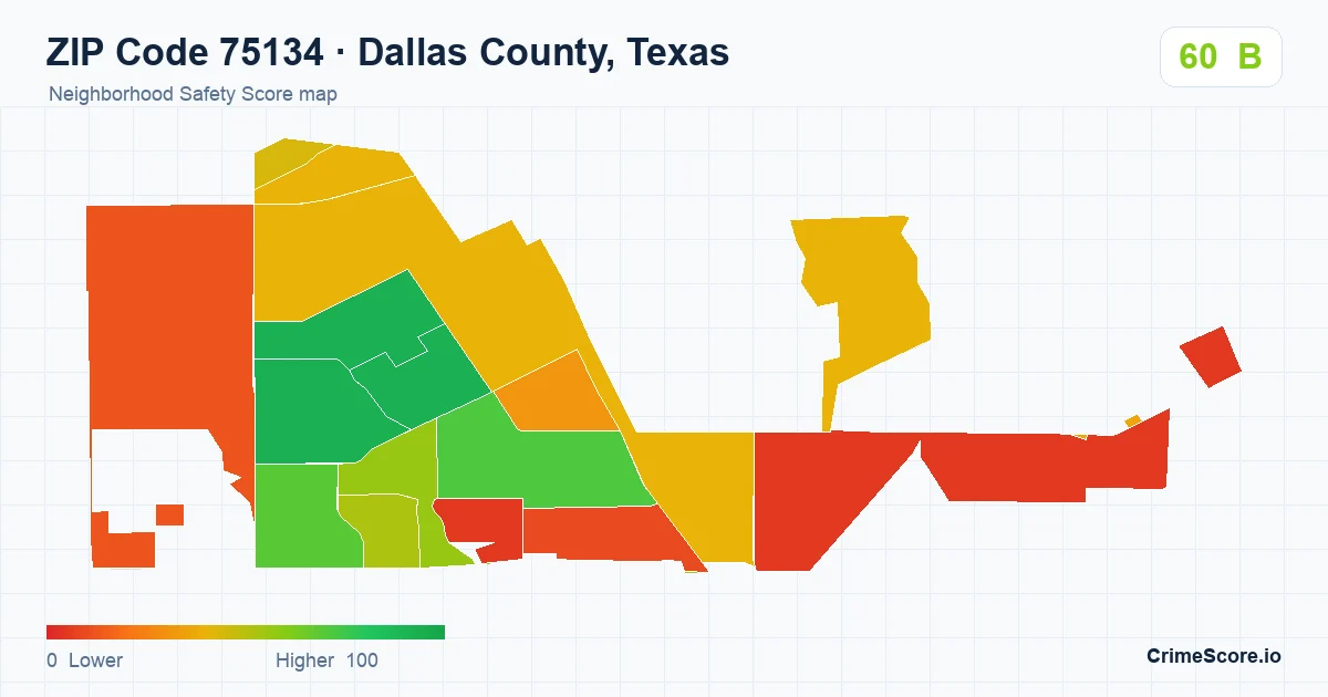 ZIP Code 75134 in Dallas County, Texas neighborhood Safety Score map