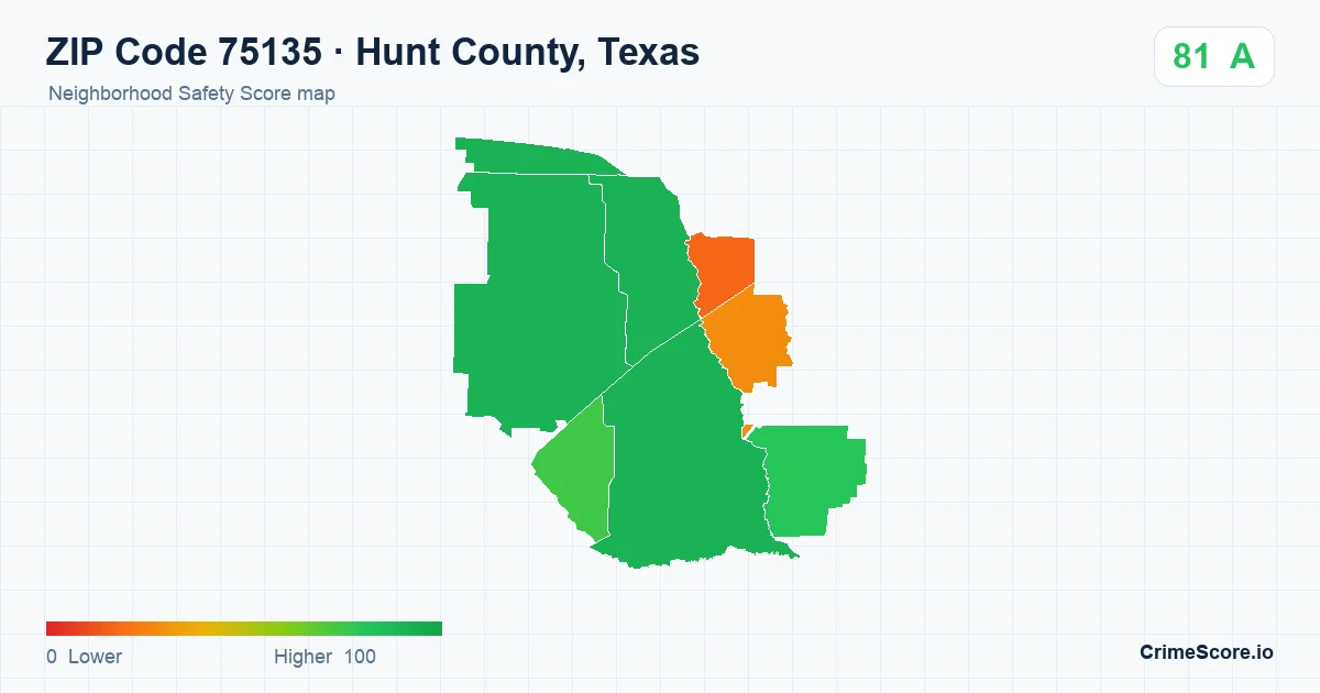 ZIP Code 75135 in Hunt County, Texas neighborhood Safety Score map