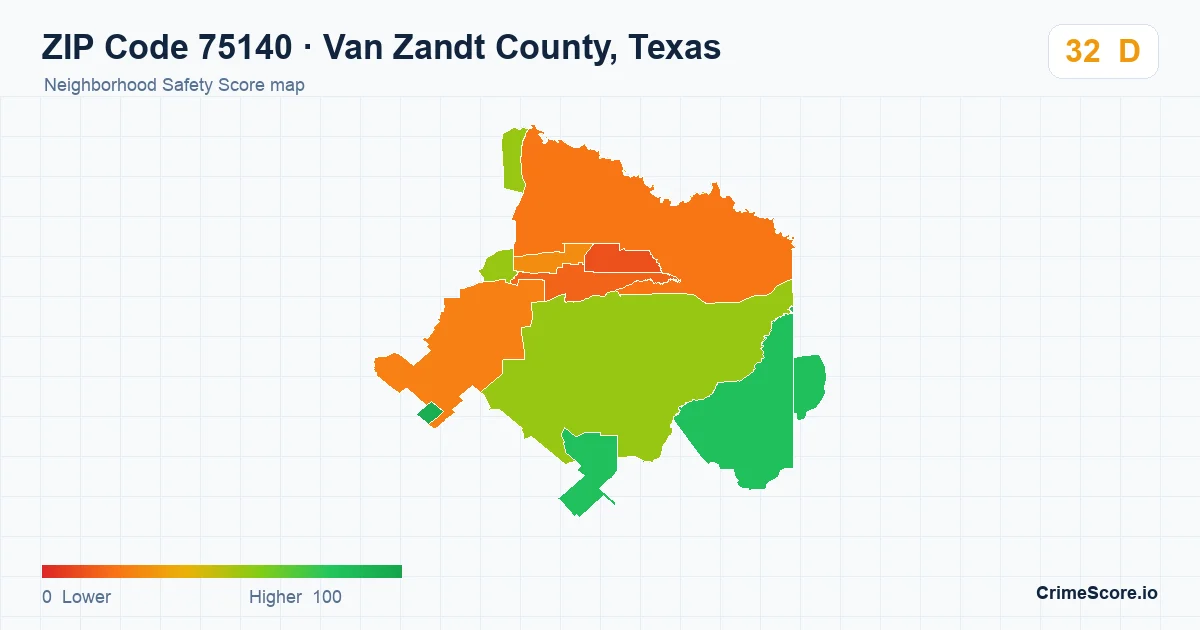 ZIP Code 75140 in Van Zandt County, Texas neighborhood Safety Score map