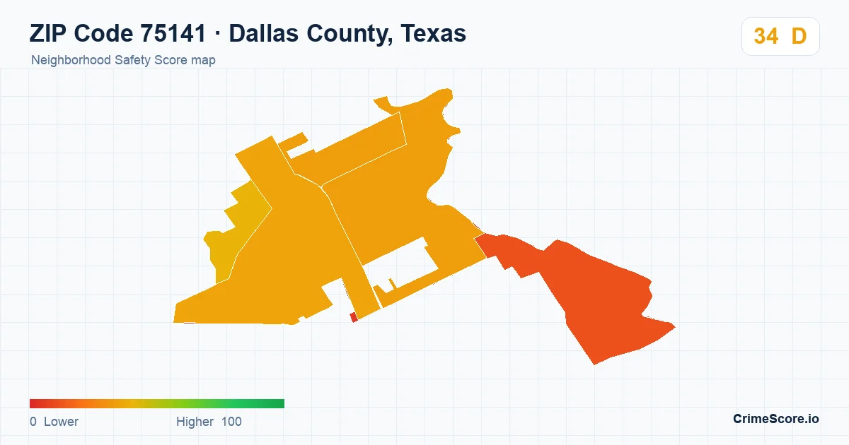 ZIP Code 75141 in Dallas County, Texas neighborhood Safety Score map