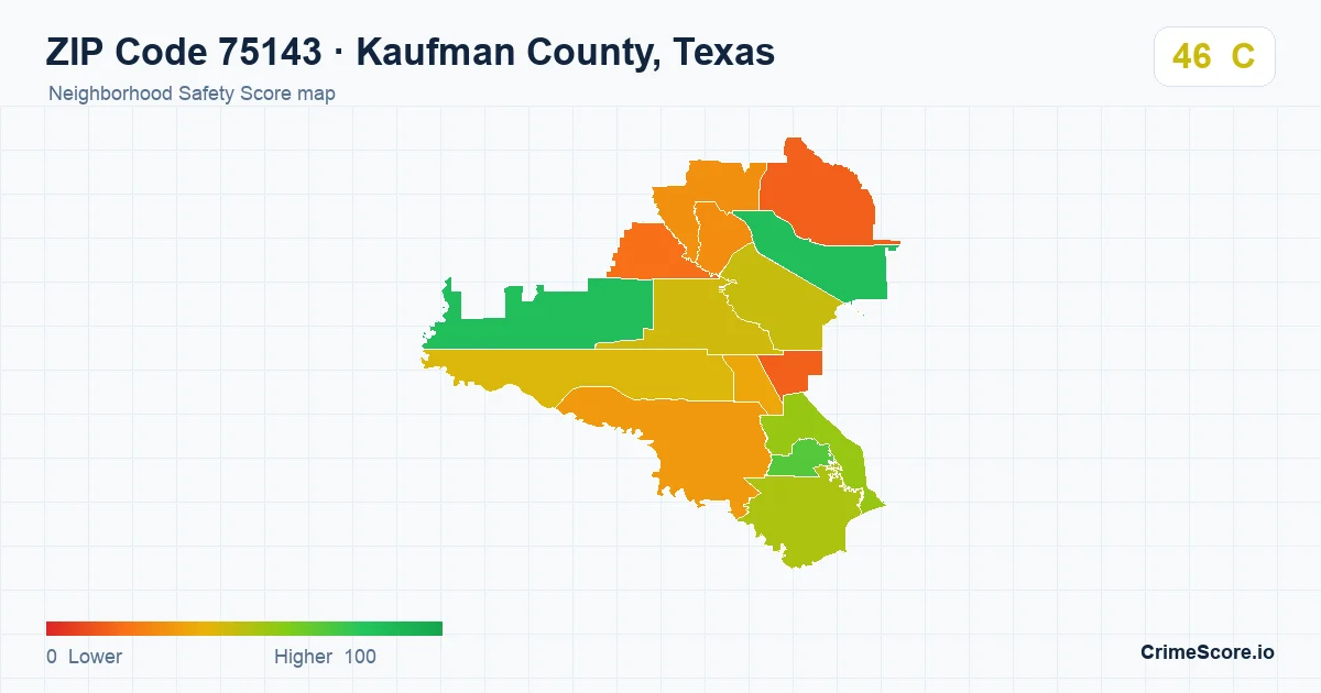 ZIP Code 75143 in Kaufman County, Texas neighborhood Safety Score map