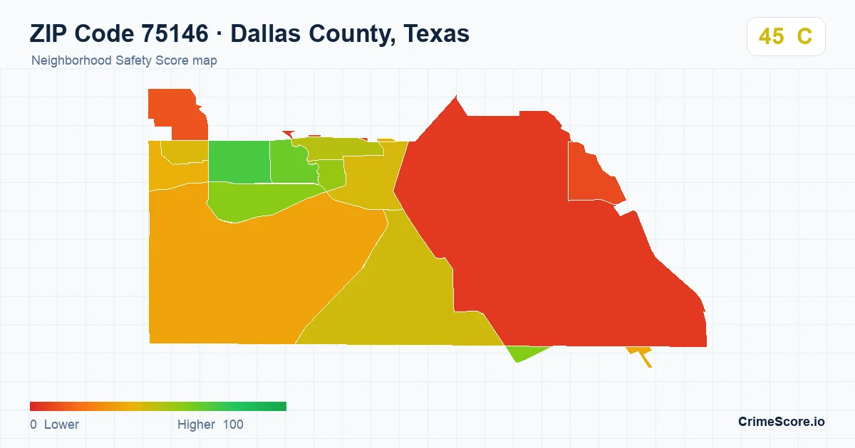 ZIP Code 75146 in Dallas County, Texas neighborhood Safety Score map
