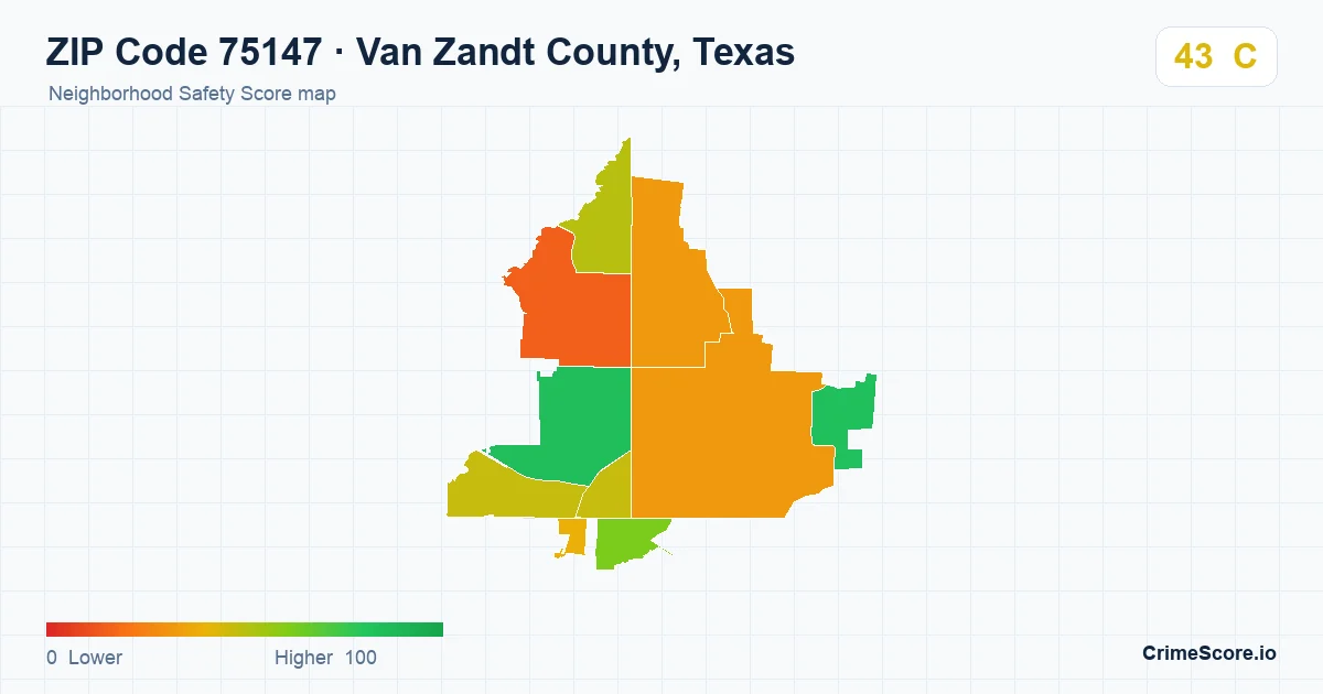 ZIP Code 75147 in Van Zandt County, Texas neighborhood Safety Score map