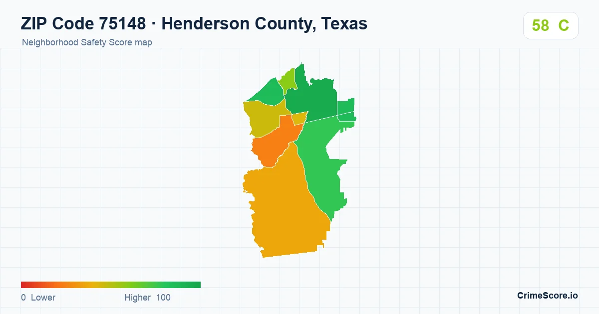 ZIP Code 75148 in Henderson County, Texas neighborhood Safety Score map