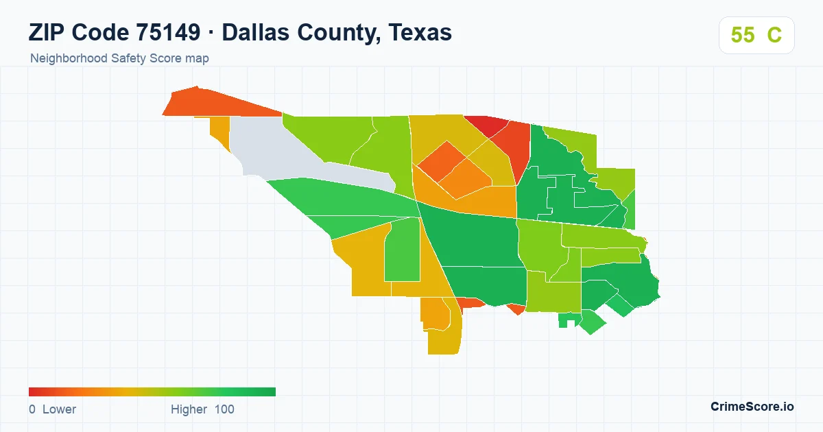 ZIP Code 75149 in Dallas County, Texas neighborhood Safety Score map