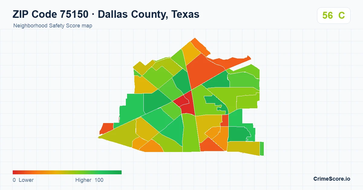ZIP Code 75150 in Dallas County, Texas neighborhood Safety Score map