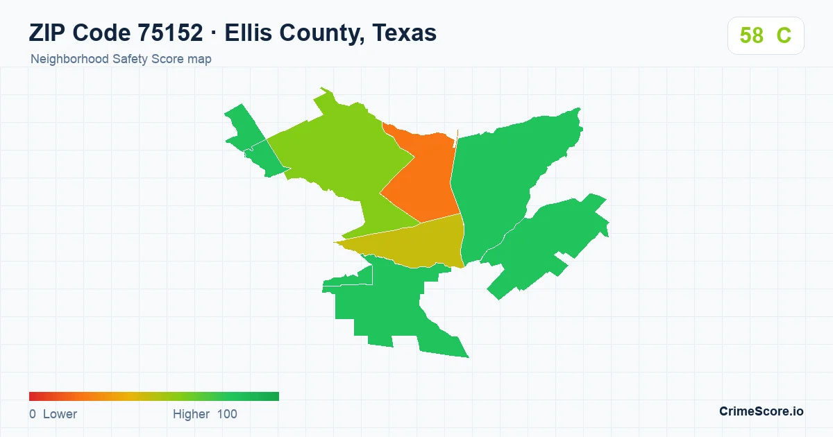 ZIP Code 75152 in Ellis County, Texas neighborhood Safety Score map