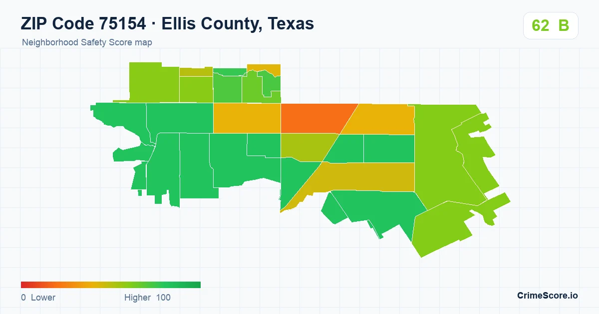 ZIP Code 75154 in Ellis County, Texas neighborhood Safety Score map