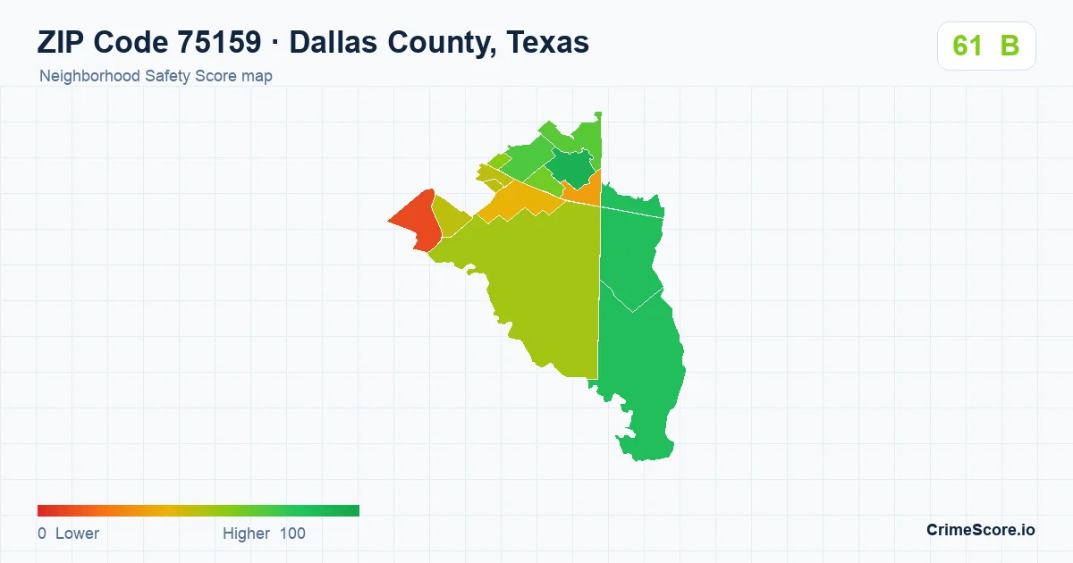 ZIP Code 75159 in Dallas County, Texas neighborhood Safety Score map