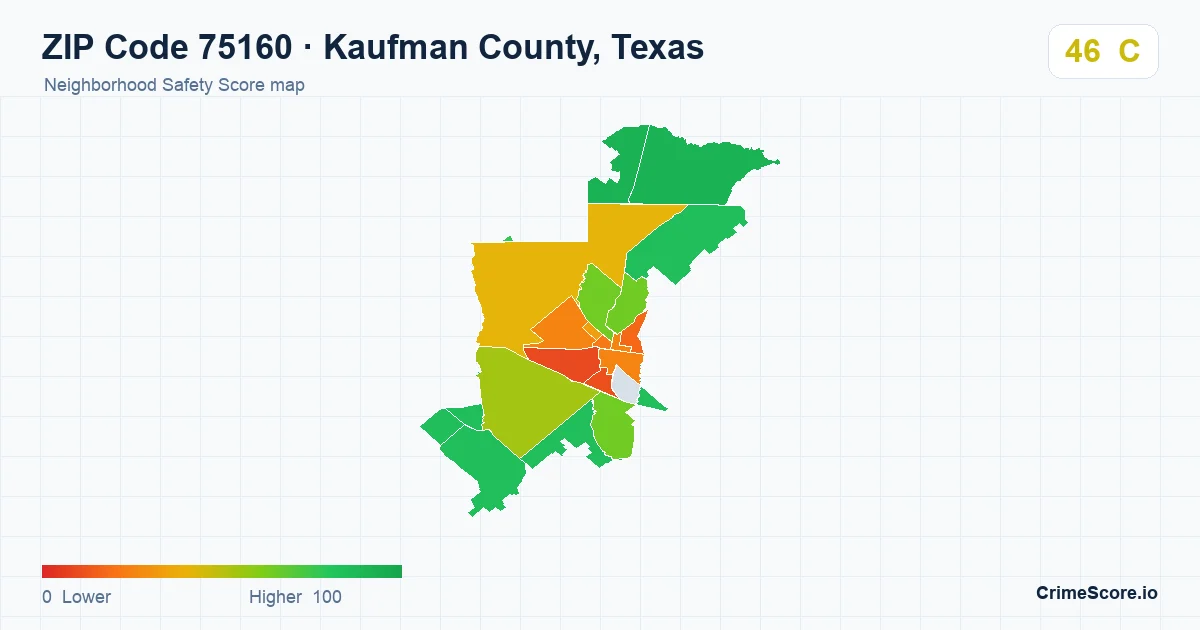 ZIP Code 75160 in Kaufman County, Texas neighborhood Safety Score map