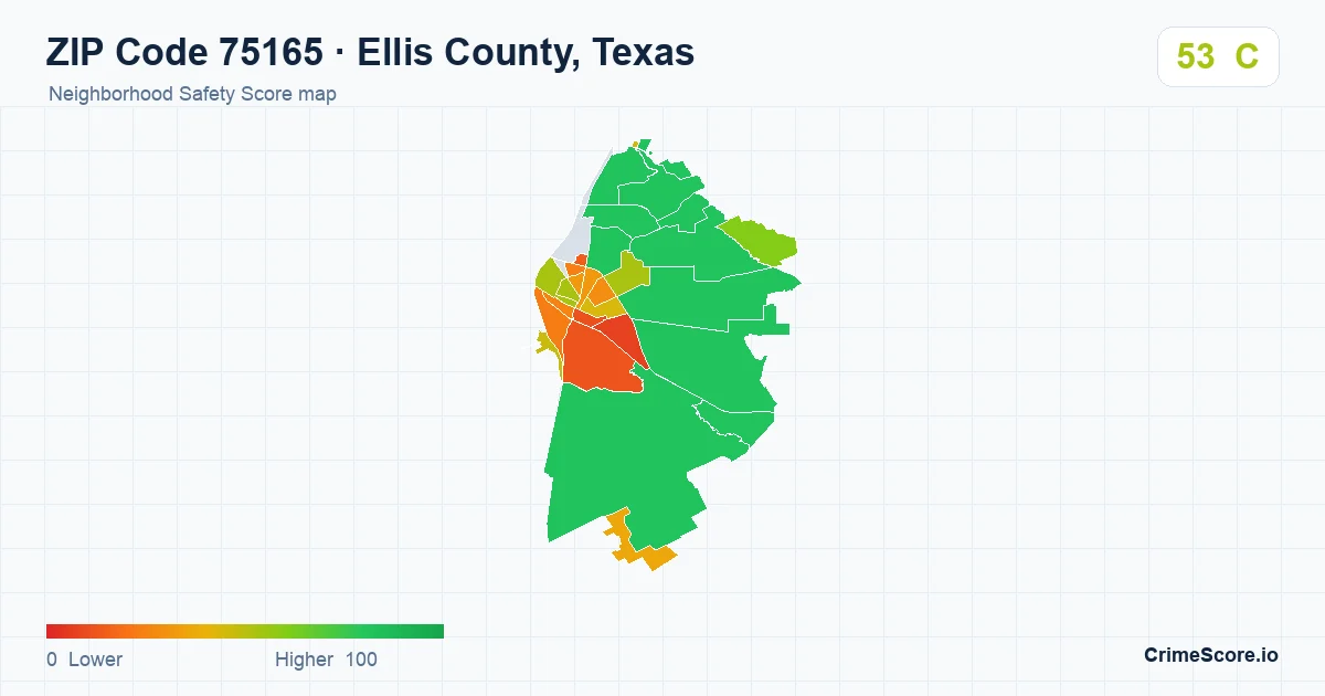 ZIP Code 75165 in Ellis County, Texas neighborhood Safety Score map