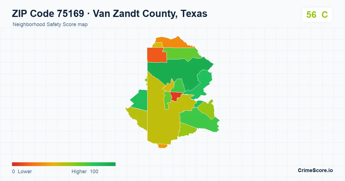 ZIP Code 75169 in Van Zandt County, Texas neighborhood Safety Score map