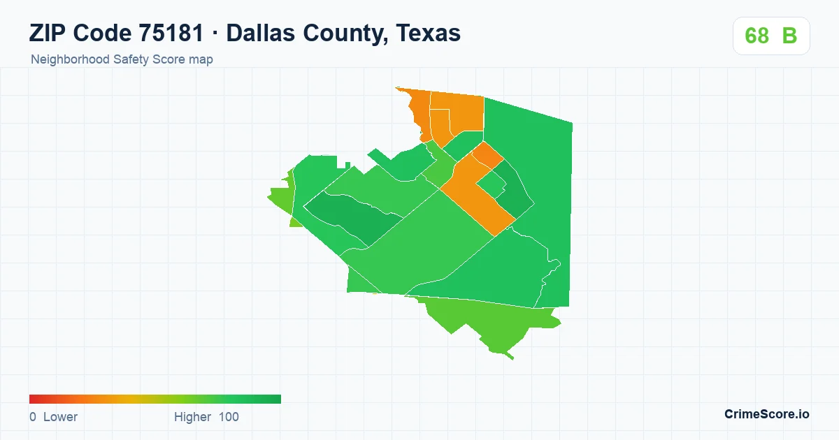 ZIP Code 75181 in Dallas County, Texas neighborhood Safety Score map