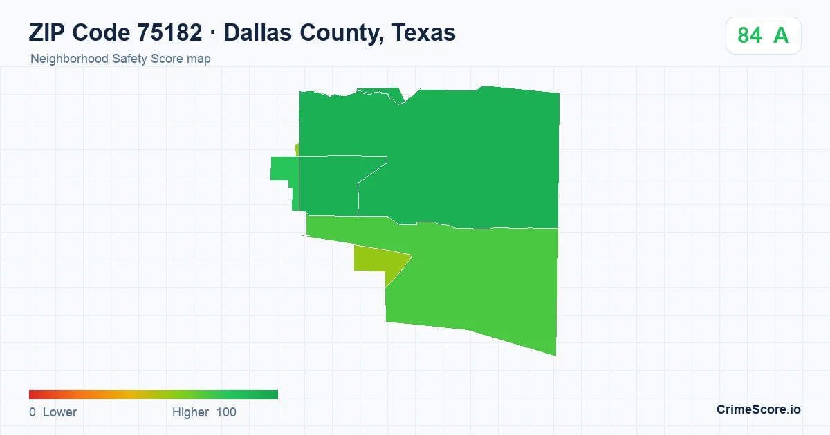 ZIP Code 75182 in Dallas County, Texas neighborhood Safety Score map
