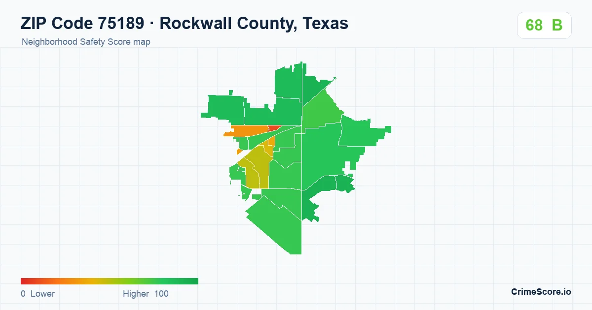 ZIP Code 75189 in Rockwall County, Texas neighborhood Safety Score map
