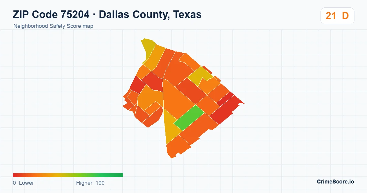 ZIP Code 75204 in Dallas County, Texas neighborhood Safety Score map