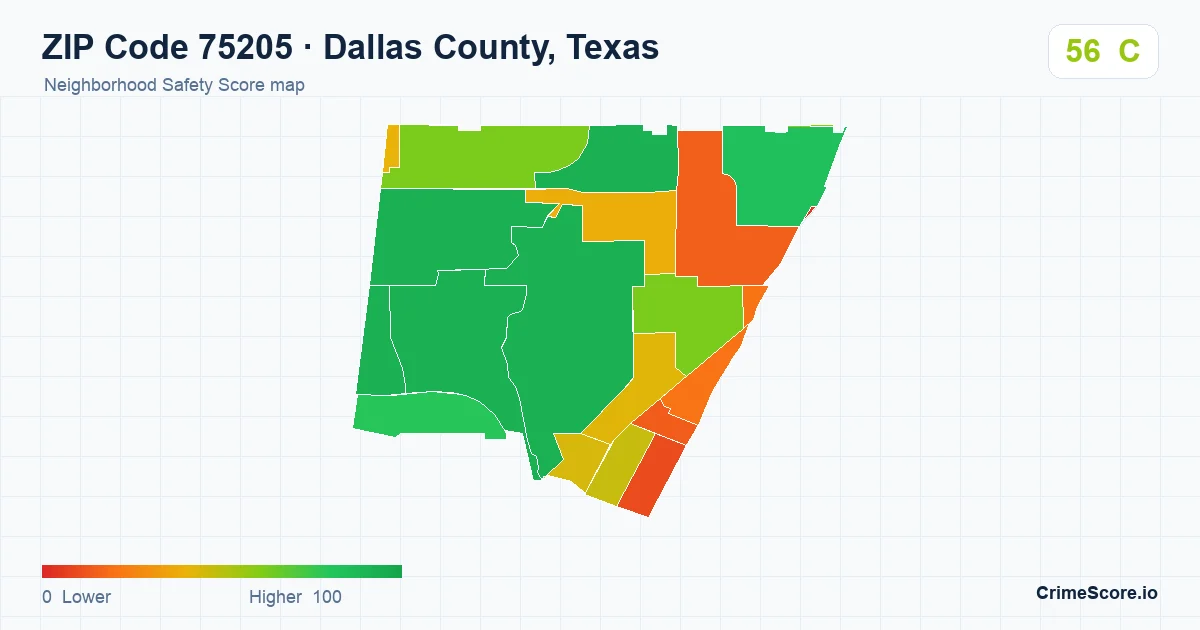ZIP Code 75205 in Dallas County, Texas neighborhood Safety Score map