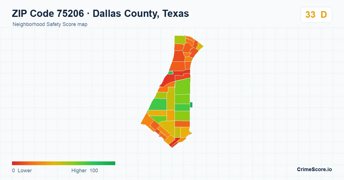ZIP Code 75206 in Dallas County, Texas neighborhood Safety Score map