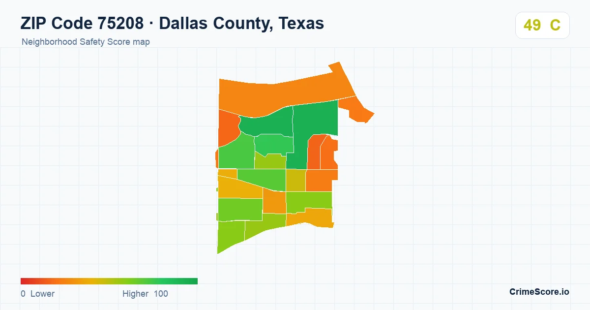 ZIP Code 75208 in Dallas County, Texas neighborhood Safety Score map