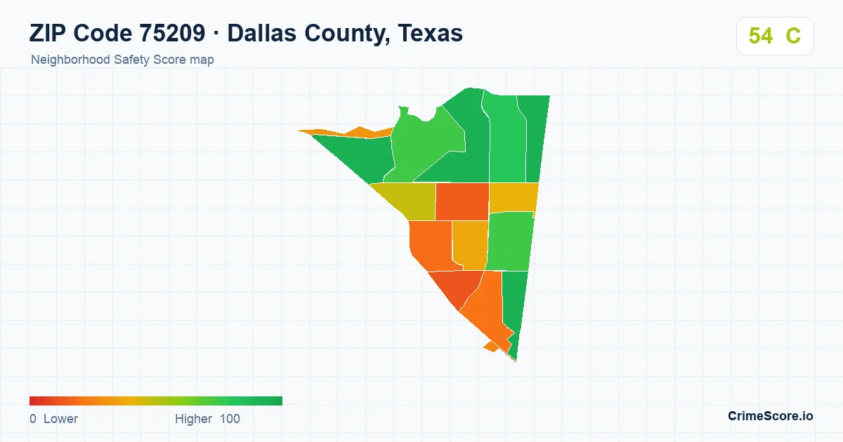 ZIP Code 75209 in Dallas County, Texas neighborhood Safety Score map