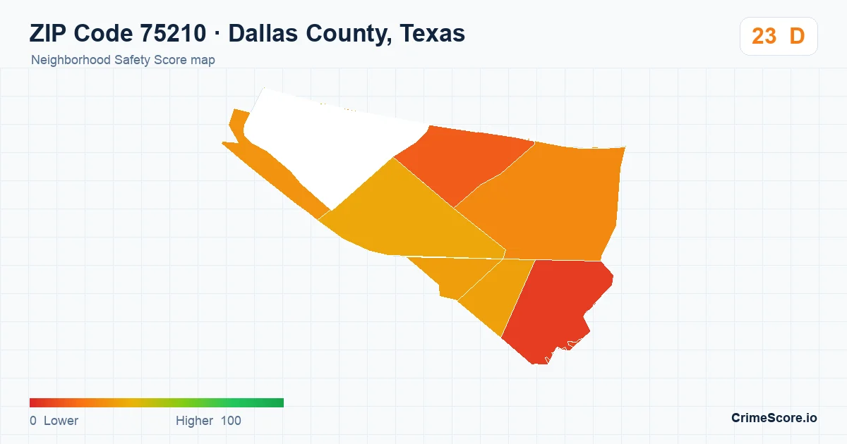 ZIP Code 75210 in Dallas County, Texas neighborhood Safety Score map
