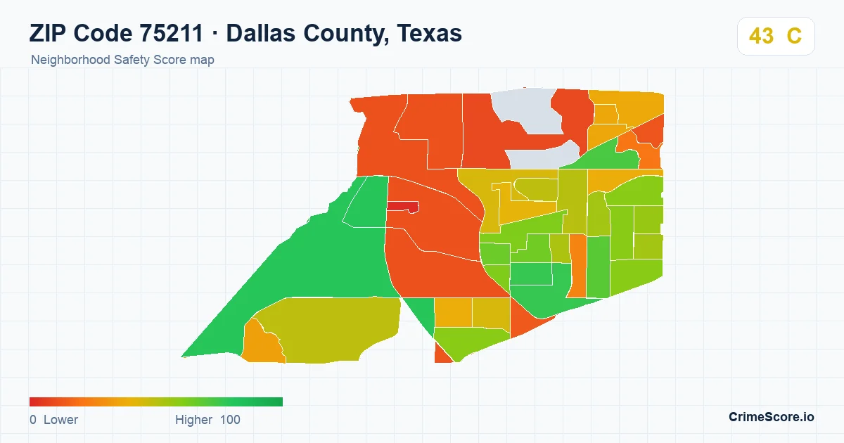 ZIP Code 75211 in Dallas County, Texas neighborhood Safety Score map