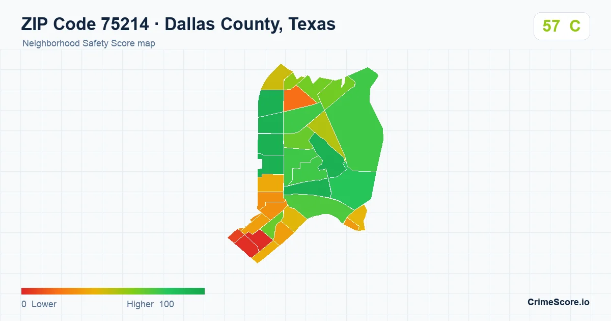ZIP Code 75214 in Dallas County, Texas neighborhood Safety Score map