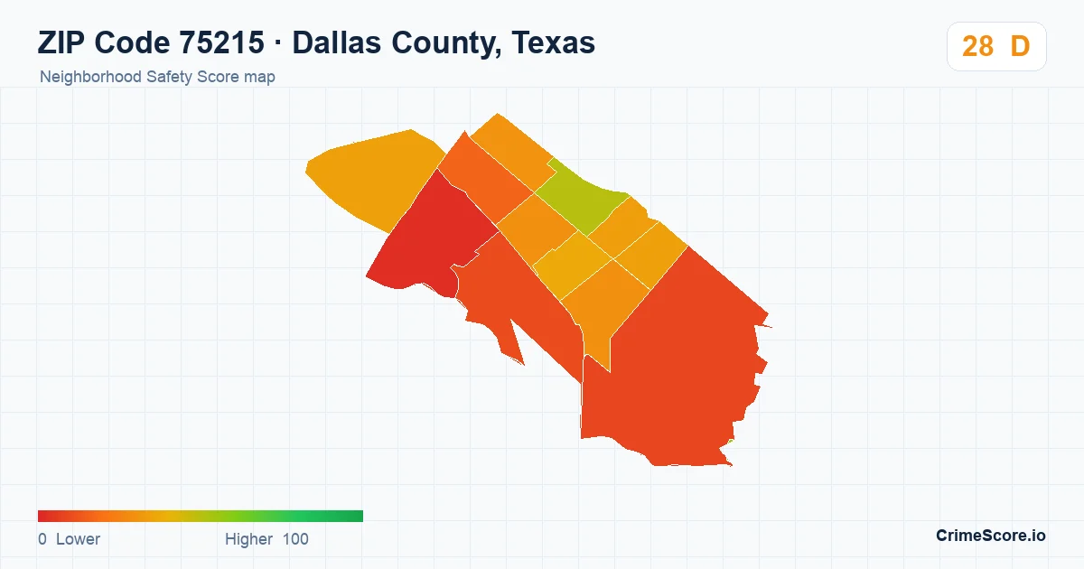 ZIP Code 75215 in Dallas County, Texas neighborhood Safety Score map