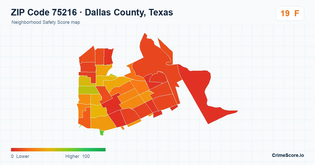 ZIP Code 75216 in Dallas County, Texas neighborhood Safety Score map