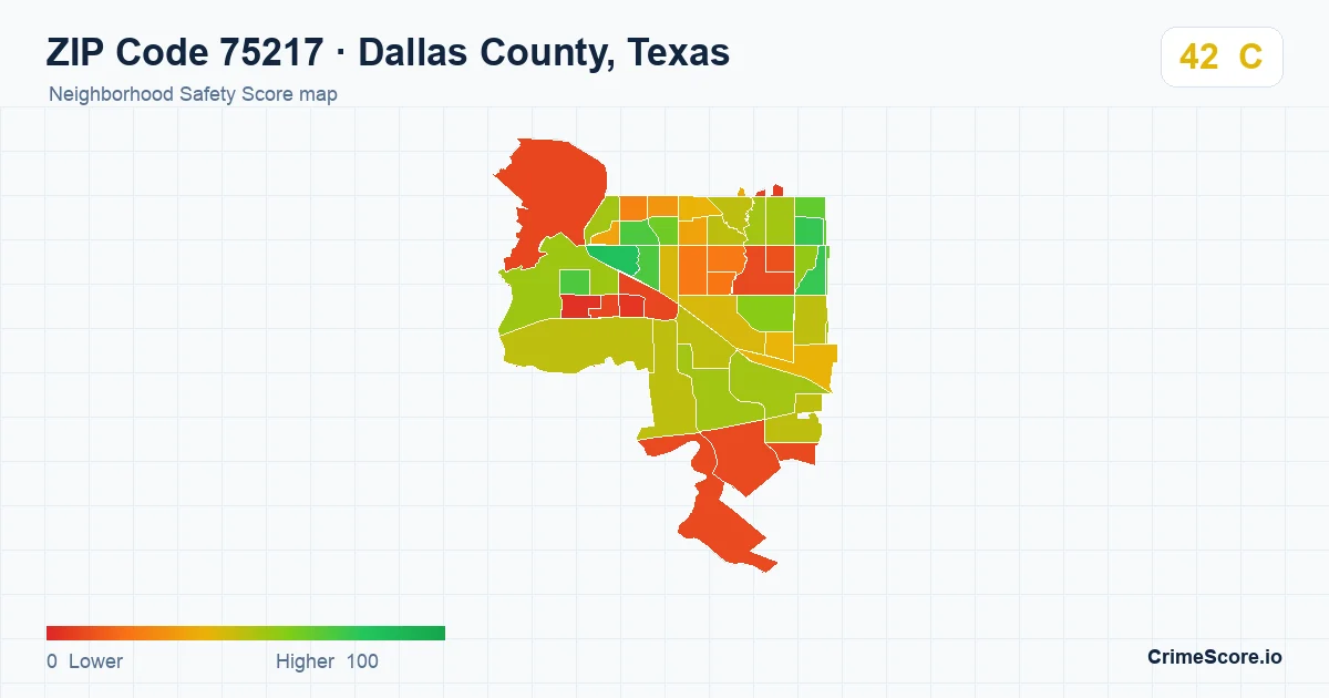 ZIP Code 75217 in Dallas County, Texas neighborhood Safety Score map