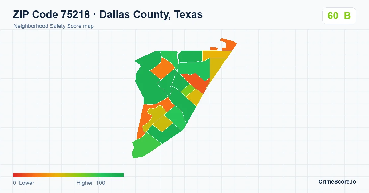 ZIP Code 75218 in Dallas County, Texas neighborhood Safety Score map