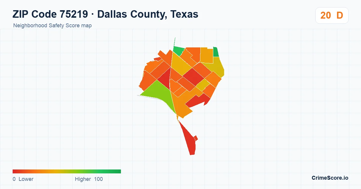 ZIP Code 75219 in Dallas County, Texas neighborhood Safety Score map