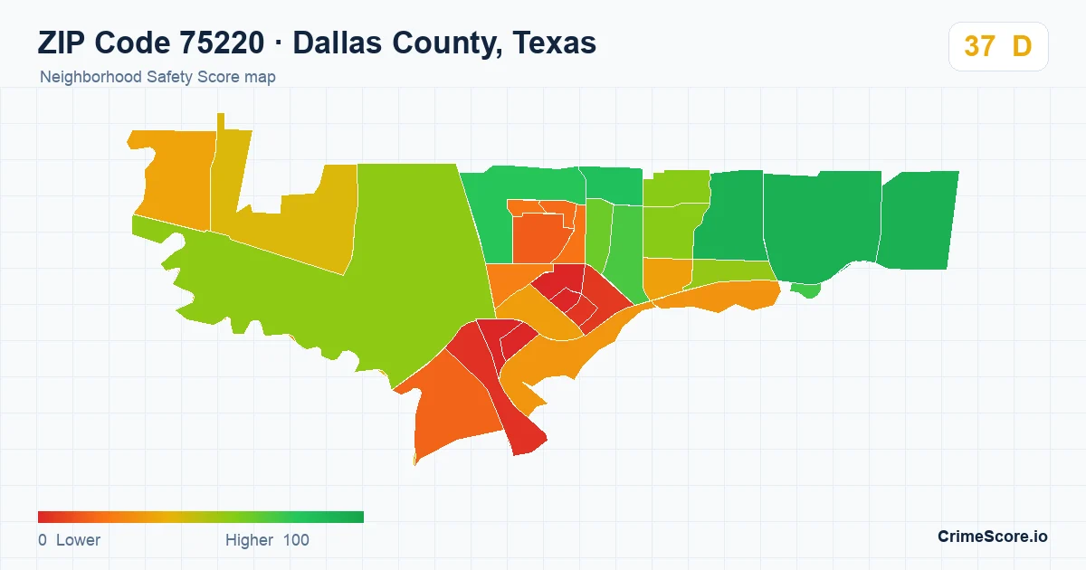 ZIP Code 75220 in Dallas County, Texas neighborhood Safety Score map