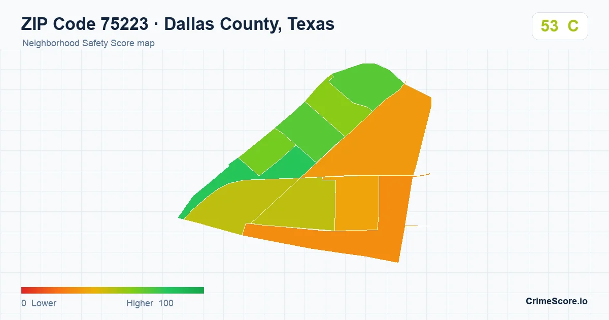 ZIP Code 75223 in Dallas County, Texas neighborhood Safety Score map