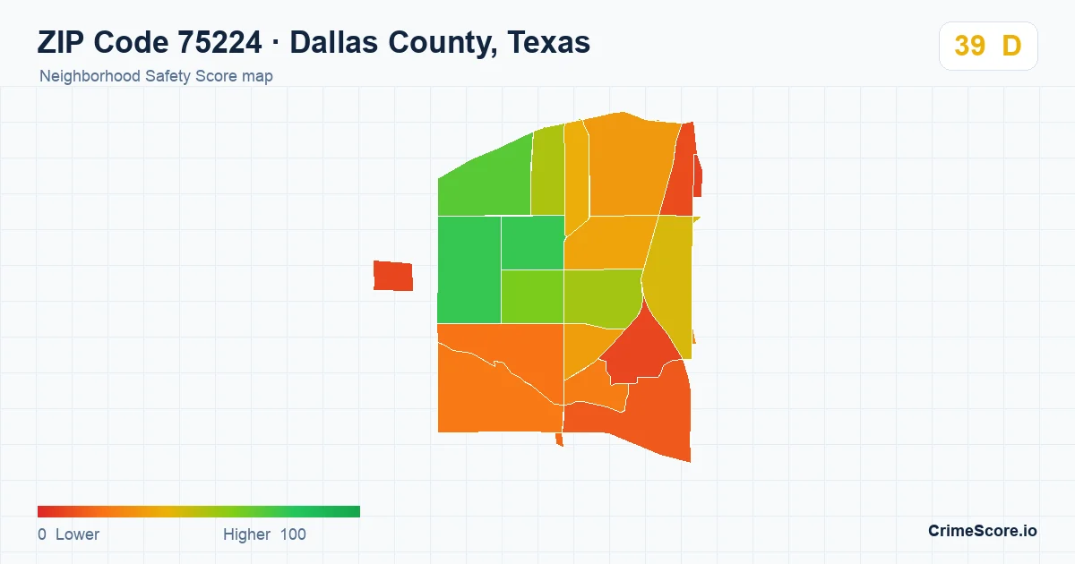 ZIP Code 75224 in Dallas County, Texas neighborhood Safety Score map
