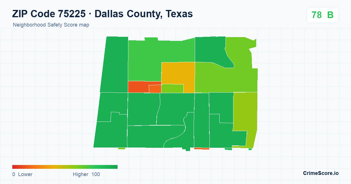 ZIP Code 75225 in Dallas County, Texas neighborhood Safety Score map
