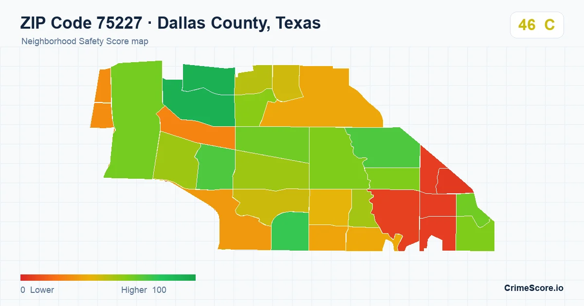 ZIP Code 75227 in Dallas County, Texas neighborhood Safety Score map