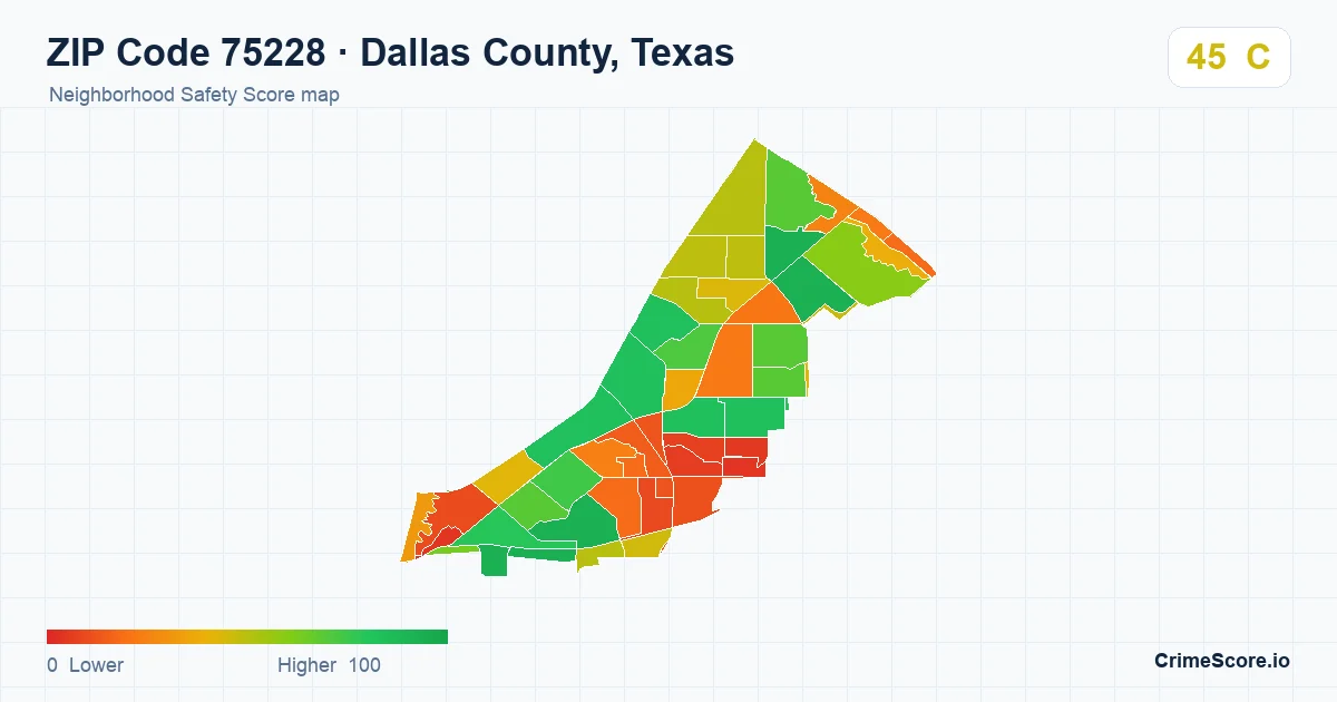 ZIP Code 75228 in Dallas County, Texas neighborhood Safety Score map