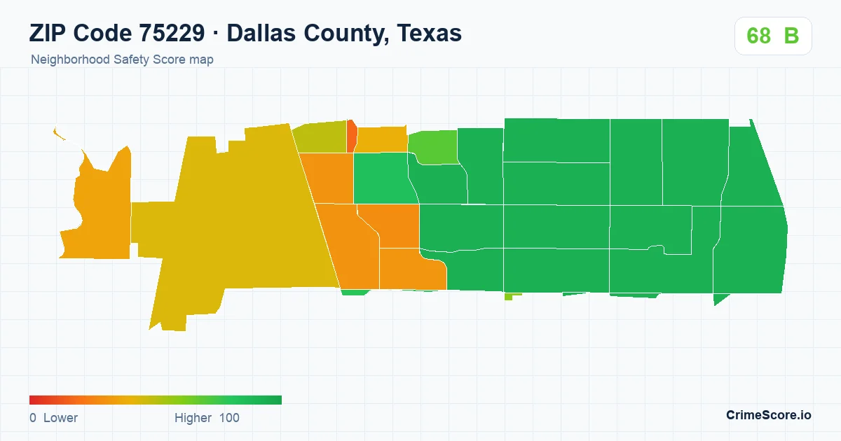 ZIP Code 75229 in Dallas County, Texas neighborhood Safety Score map