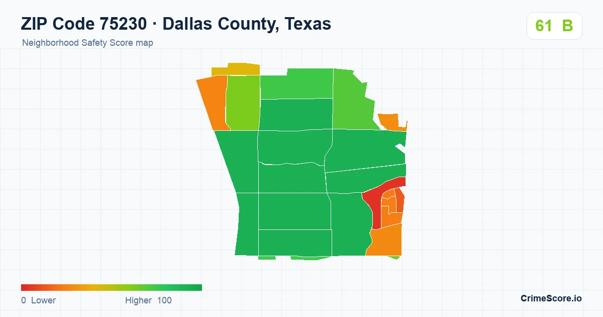 ZIP Code 75230 in Dallas County, Texas neighborhood Safety Score map