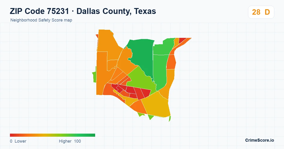 ZIP Code 75231 in Dallas County, Texas neighborhood Safety Score map