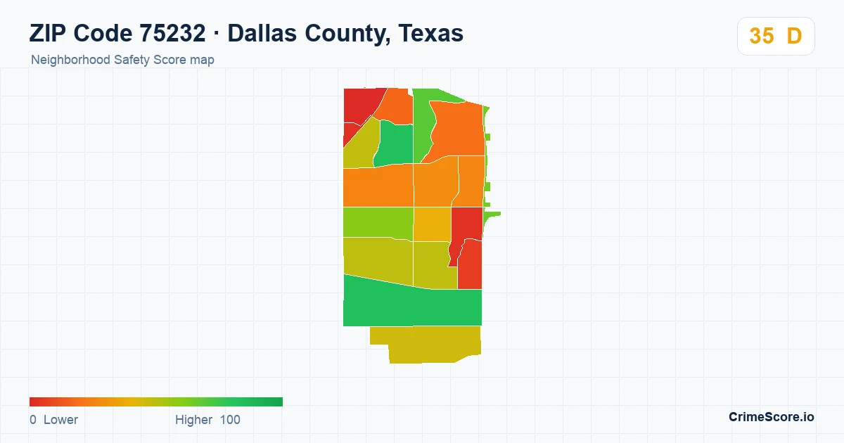ZIP Code 75232 in Dallas County, Texas neighborhood Safety Score map