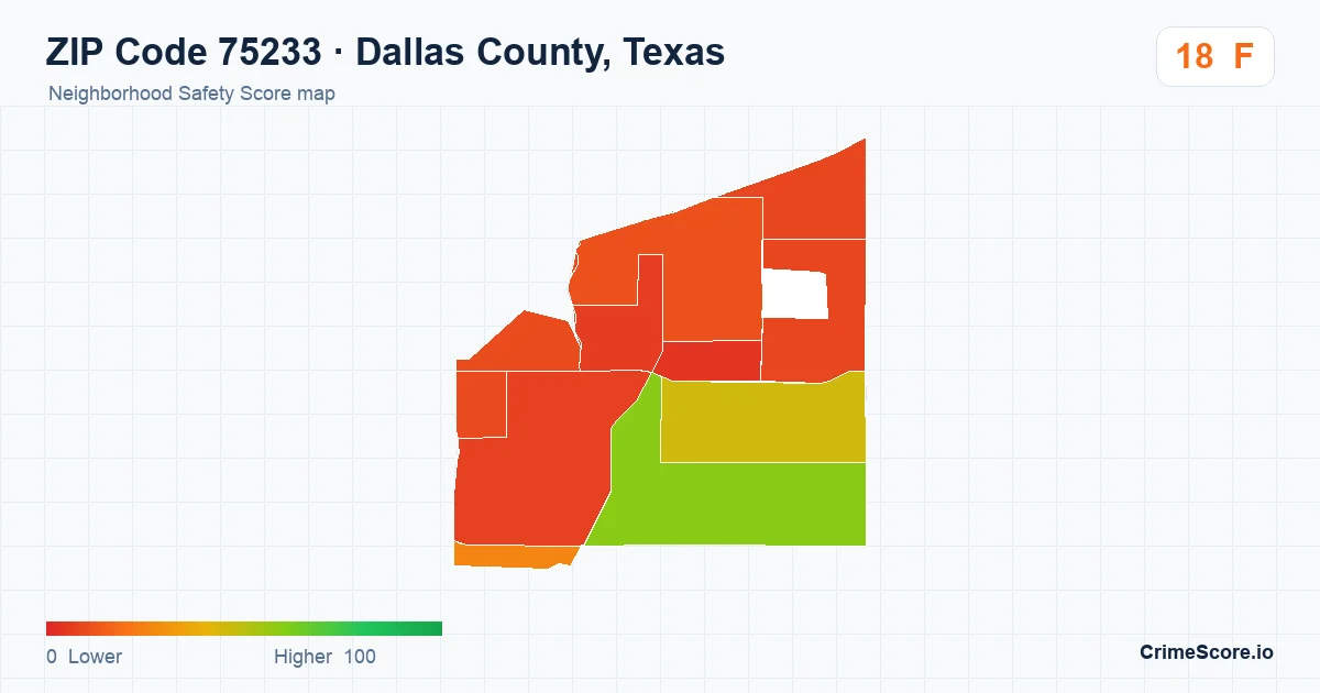 ZIP Code 75233 in Dallas County, Texas neighborhood Safety Score map