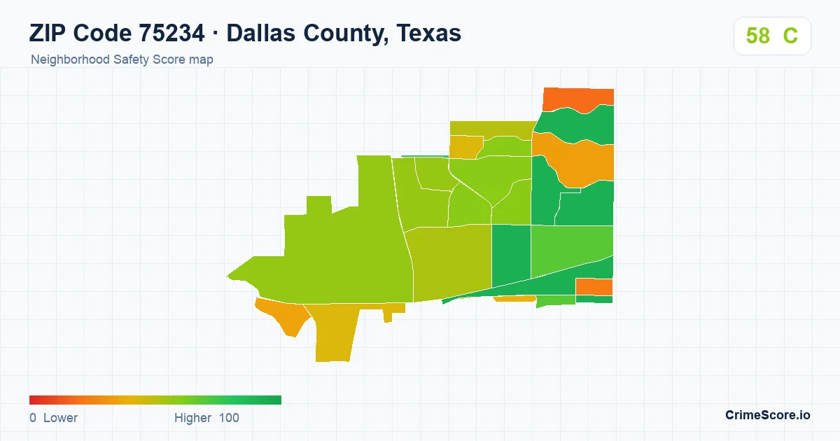 ZIP Code 75234 in Dallas County, Texas neighborhood Safety Score map